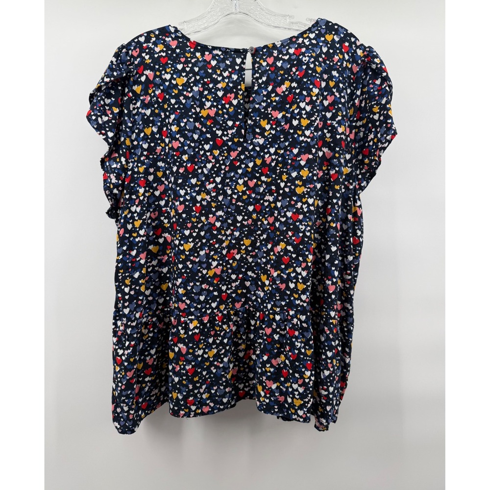 LOFT Navy Blue Heart Print Ruffle Sleeve Peplum Blouse XXL Whimsical - Picture 4 of 13